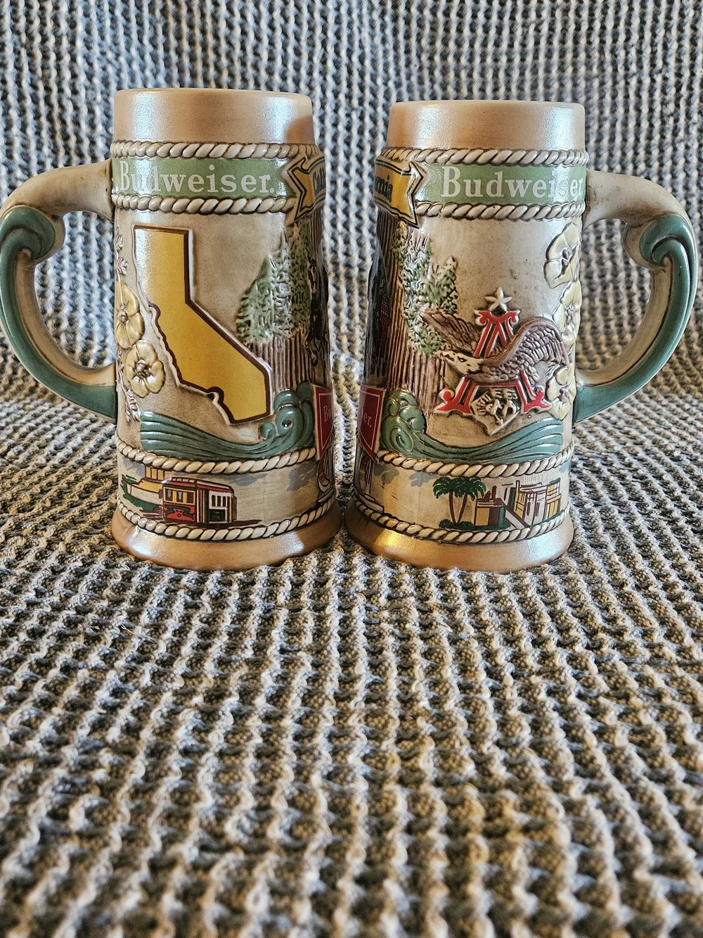 Budweiser Tan Ceramic California Stein Pair with Red Logo